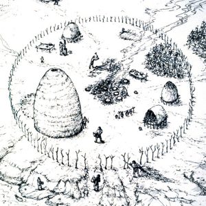 Drawing of Native American site with circular tree line around salt making compound