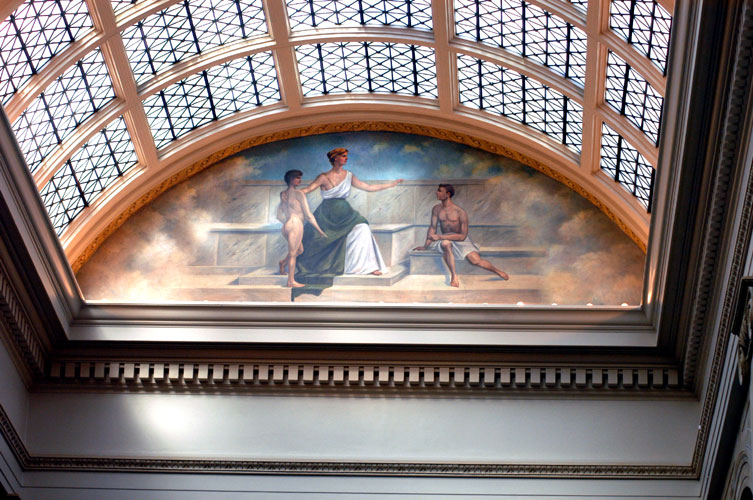 Glass roof with marble supports and painting of a white woman in robes teaching two young students