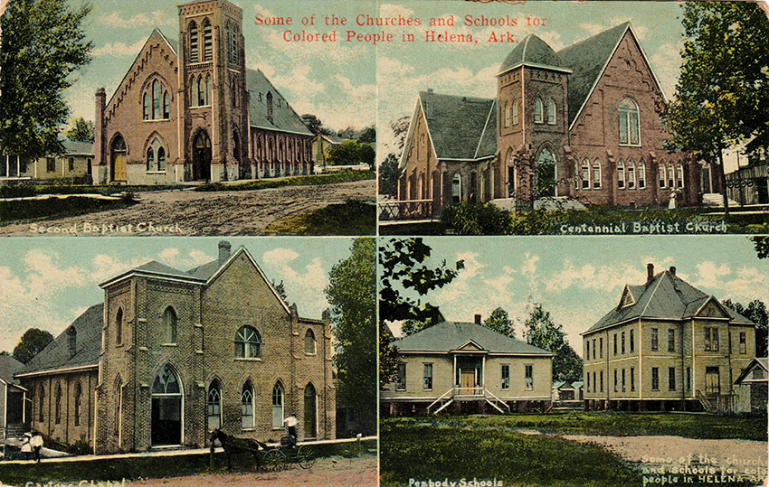 Post card with "Some of the Churches and Schools for Colored People in Helena Arkansas" written above photos of four different brick church and school buildings