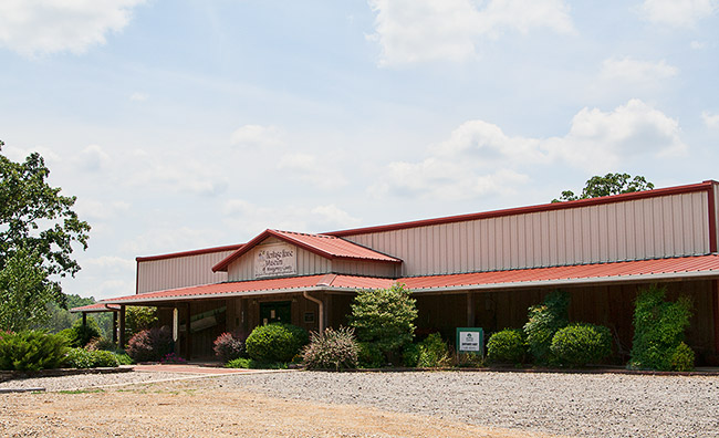 Metal sided building and bushes on gravel parking lot