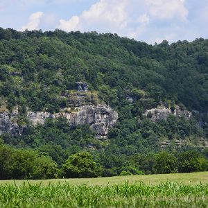Tree covered mountain with bluffs above vacant field