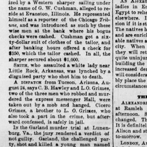 "Smith who assaulted a white lady near Little Rock Arkansas was lynched by a disguised party who shot him to death" newspaper clipping