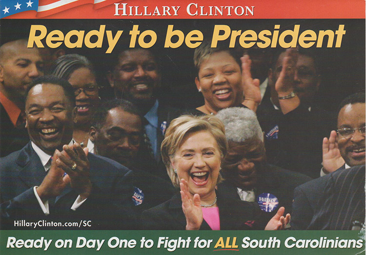 White woman laughing with African-American men and women smiling behind her below "Hilary Clinton ready to be president" text