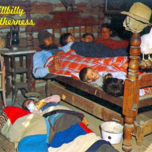 Large white family sleeping in the same bedroom with the words "Hillbilly Togetherness" in the background