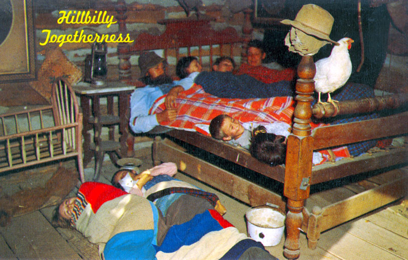 Large white family sleeping in the same bedroom with the words "Hillbilly Togetherness" in the background