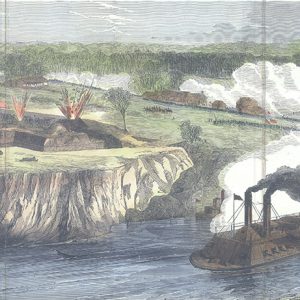 Ironclad boat attacking military fort on cliff above river