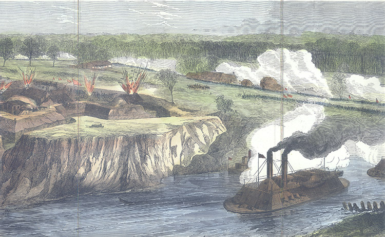 Ironclad boat attacking military fort on cliff above river