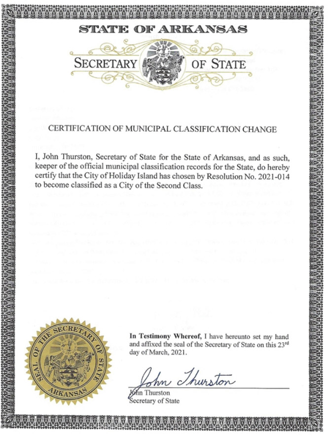 "Certification of Municipal Classification Change" certificate from Arkansas Secretary of State