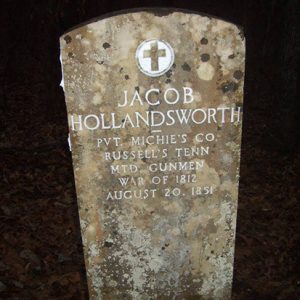 Weathered "Jacob Hollandsworth" gravestone at night