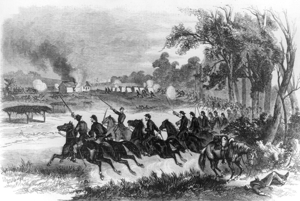 Drawing of soldiers on horseback charging with trees, buildings, and smoke in the background