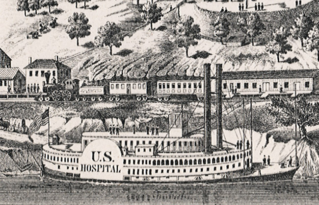 "U.S. Hospital" steamboat docked at town with train