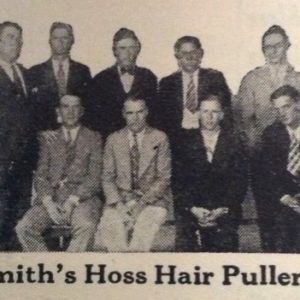 Group of white men in suits posing for group photo labeled "Smith's hoss hair pullers"