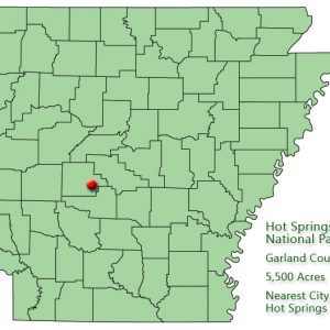 Map of Arkansas with red dot in Garland County and explanation in green text