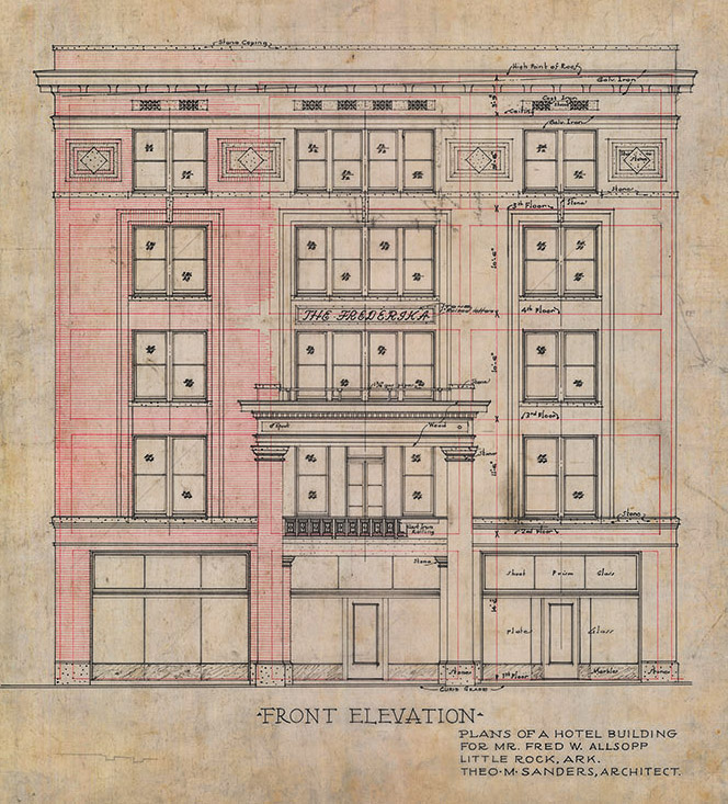 Drawing of multistory building's front elevation