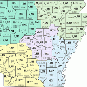 Map of Arkansas with colored sections with numbers of housing units in each labeled county