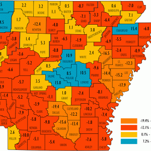 Map of Arkansas with colored sections with percentage of housing units change listed in each labeled county