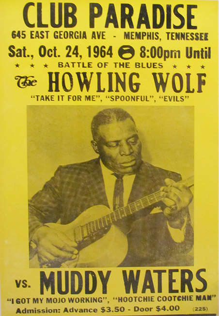 African-American man playing guitar on yellow "Club Paradise" poster