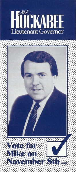 White man in suit and tie on blue and white campaign flyer