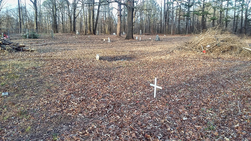 Crosses and gravestones in recently cleaned cemetery with pile of branches in its center