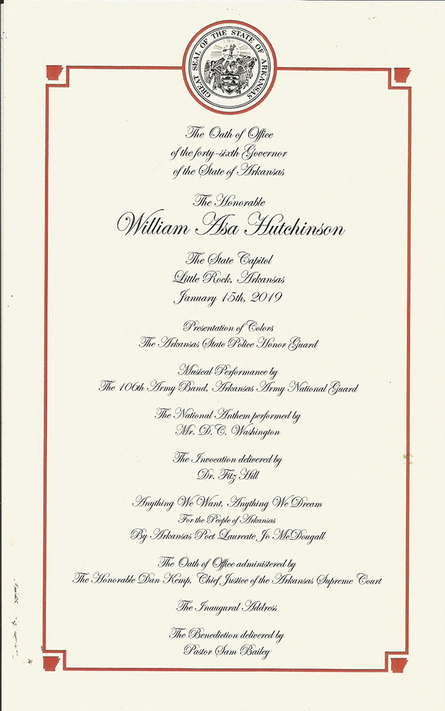 Formal invitation with Arkansas State Seal red border and cursive text