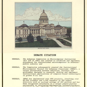 "Senate Citation" document with picture of Arkansas Capitol building