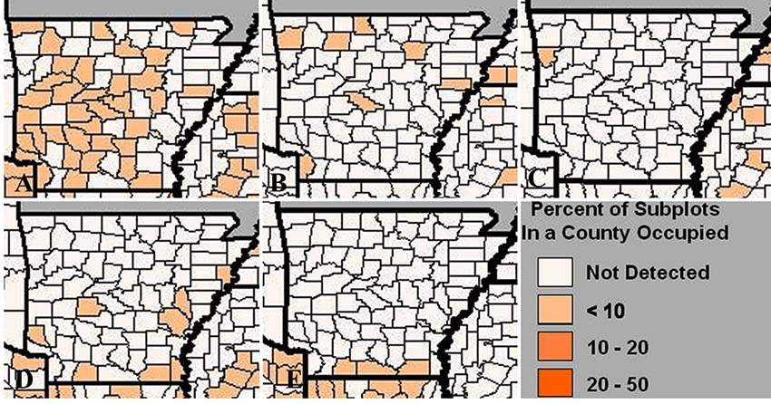 Five maps of Arkansas with shaded in counties