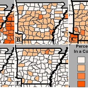 Five maps of Arkansas with different counties shaded in orange