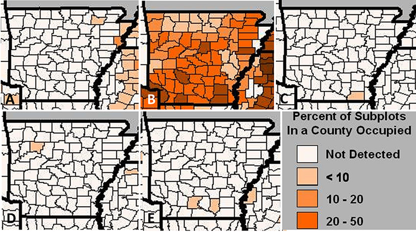 Five maps of Arkansas with counties shaded in orange
