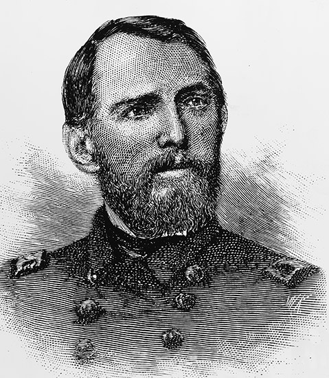 line drawing of white man with beard in military uniform