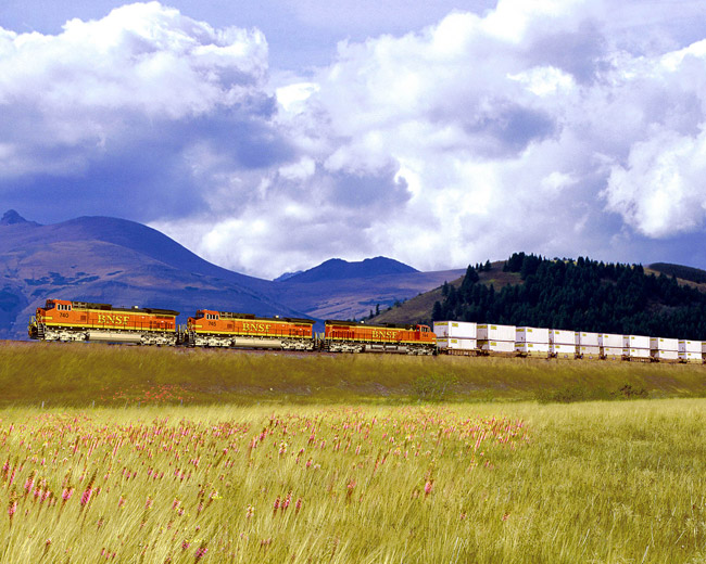 train crossing field with hills in background