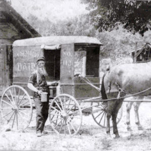 White man standing with horse drawn dairy wagon