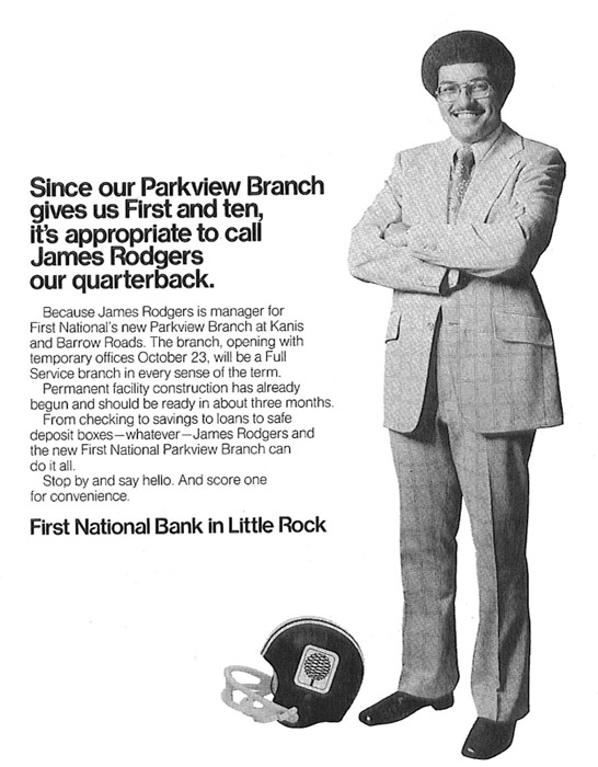 smiling African-American man in suit and glasses on First National Bank flyer