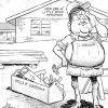 Cartoon showing fat white man in overalls with "J. Meriwether" on the front with tool box labeled "Skills of Leadership" in front of house labeled "New era of Little Rock Progress"