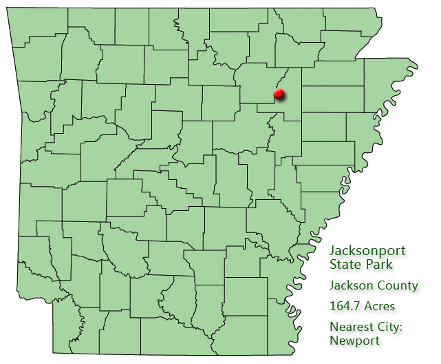 map outlining Arkansas counties with red pin in northeast quadrant