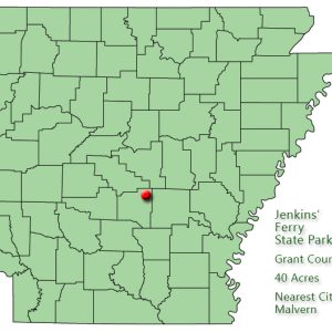 Map of Arkansas with red dot in Grant County and explanation in green text