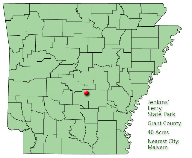 Map of Arkansas with red dot in Grant County and explanation in green text