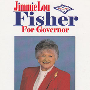 Older white woman smiling in red suit coat on "Jimmie Lou Fisher for Governor" brochure