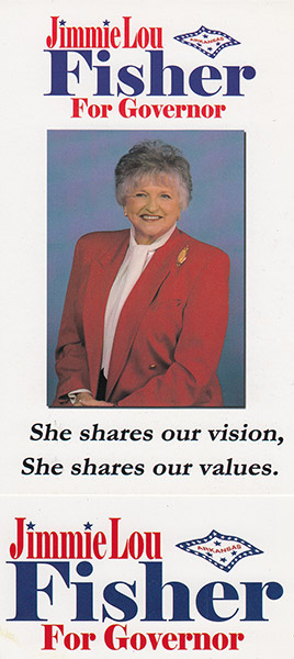 Older white woman smiling in red suit coat on "Jimmie Lou Fisher for Governor" brochure