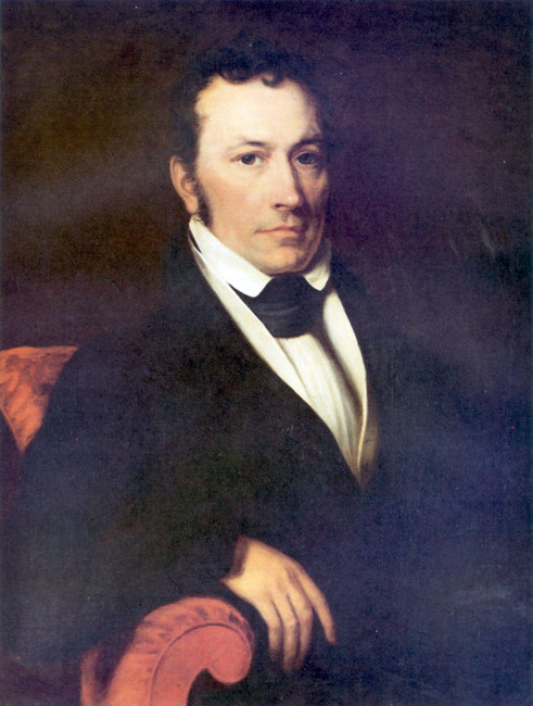 Portrait painting white man seated in suit with short curly hair side burns