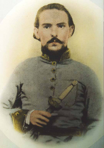 White man with mustache and beard in gray military uniform with sword