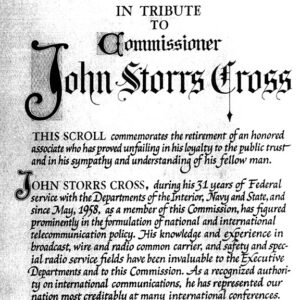 "In tribute to Commissioner John Storrs Cross" document