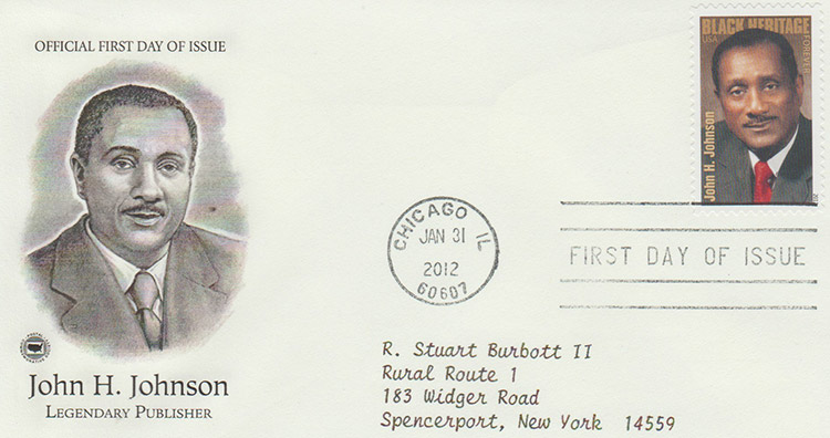 African-American man with mustache in suit and tie with text and on stamp and envelope