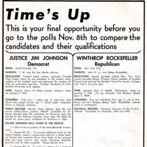 "Time's up" political advertisement comparing Justice Jim Johnson and Winthrop Rockefeller