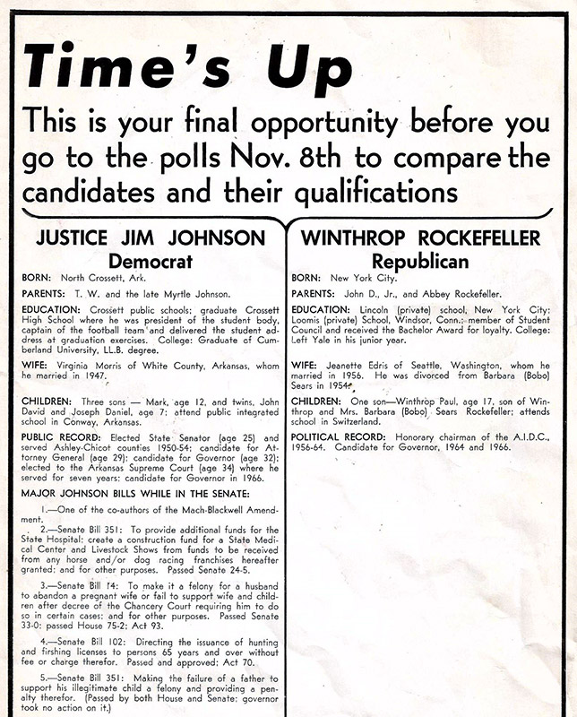 "Time's up" political advertisement comparing Justice Jim Johnson and Winthrop Rockefeller