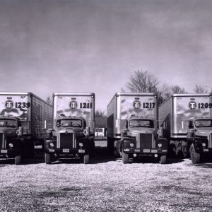 Four trucks with trailers parked in line with numbers "1239" and "1211" and "1217" and "1209"