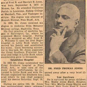 "Doctor Fred Thomas Jones of Little Rock dead at 61" newspaper clipping with picture
