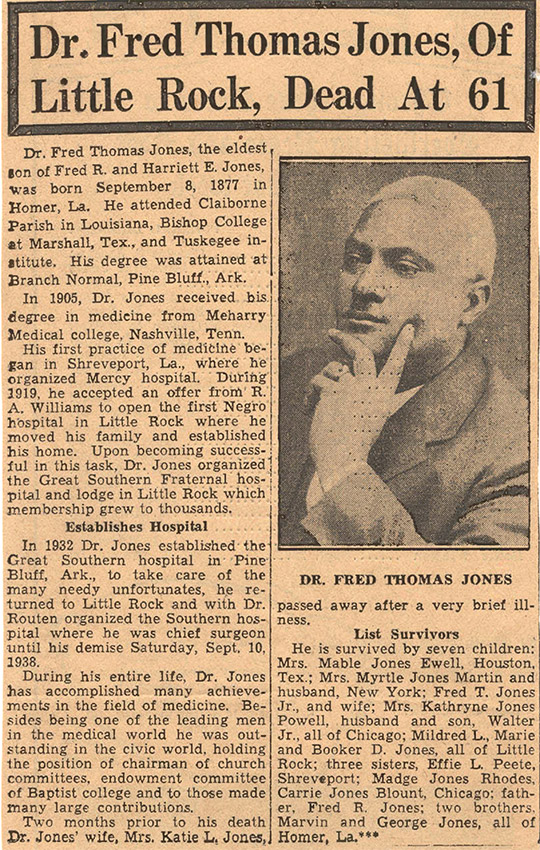 "Doctor Fred Thomas Jones of Little Rock dead at 61" newspaper clipping with picture