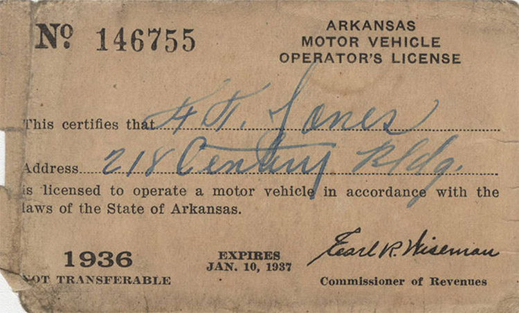 Worn paper Arkansas driver's license for "F. T. Jones"