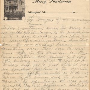 Handwritten letter with multistory house on "Mercy Sanitarium" letter head