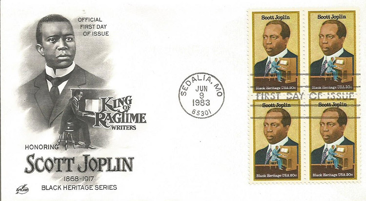 African-American man in suit and playing piano with "Honoring Scott Joplin" text on envelope with stamps